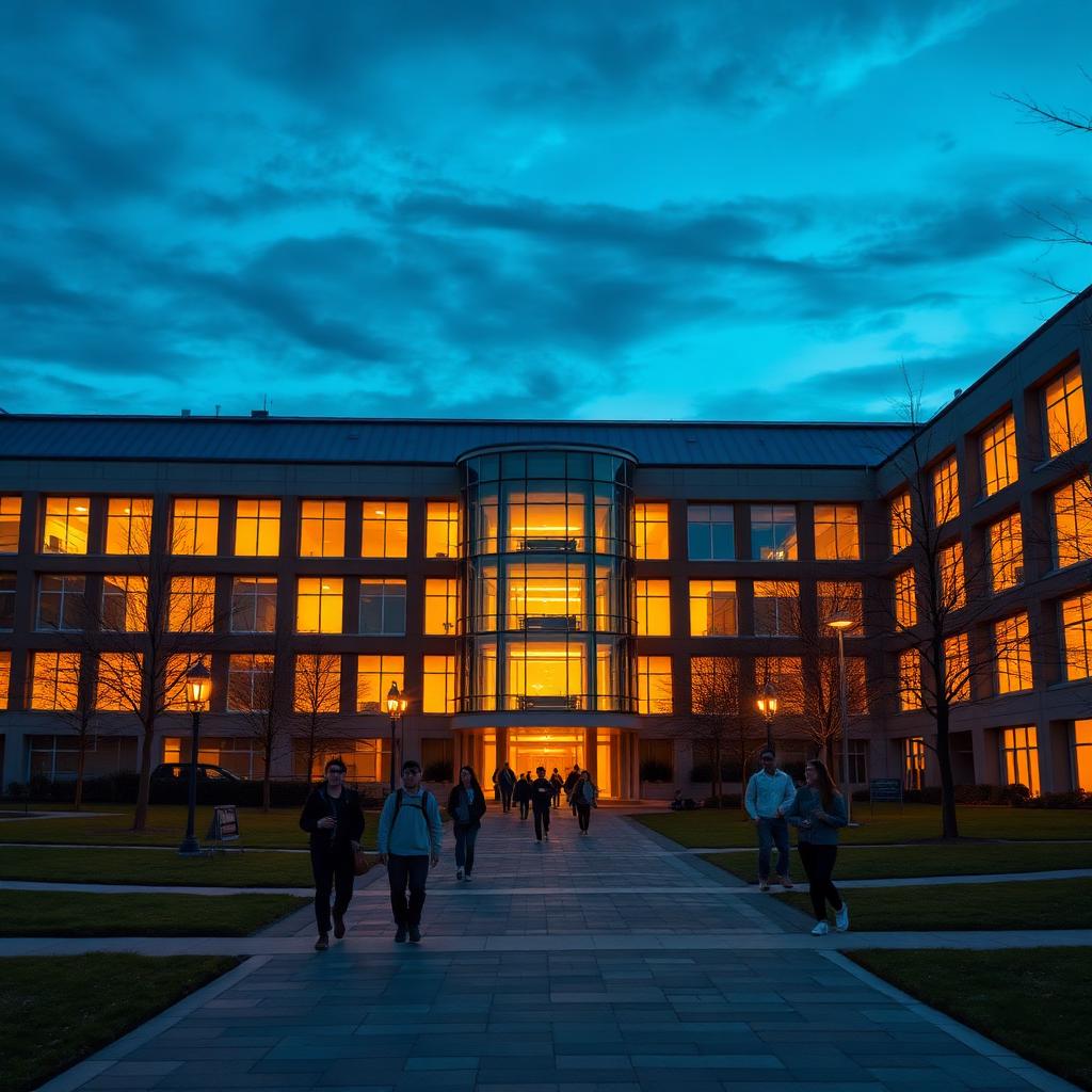 University campus at dusk